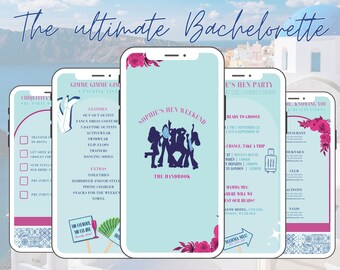 May include: A digital checklist for a bachelorette party weekend in Greece. The checklist includes a packing list, a pre-party checklist, a list of activities, and a list of restaurants and bars. The checklist is designed to look like a smartphone screen.
