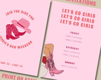 Let's Go Girls Invitation | Nashville Cow Girl Theme Hen Do/ Bachelorette Invite Template | Hen Party Digital OR Print Editable Invite