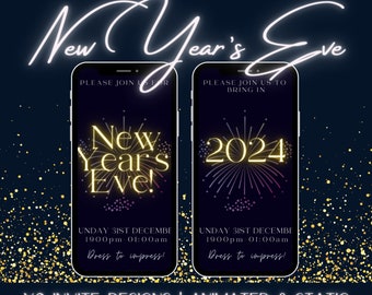 Può includere: Due schermi di smartphone che mostrano inviti per Capodanno. Il primo dice "New Year's Eve!" con fuochi d'artificio, il secondo mostra "2024" con fuochi d'artificio. Entrambi includono data, ora e il testo "Dress to impress!".