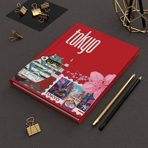 Tokyo Travel Hardcover Journal, Red Journal for Writers, Gift for Travelers, Travel Diary, Floral Design Notebook