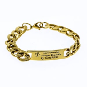 Engraved Medical Alert Gold  Emergency Bracelet, Custom ID Bracelet, Personalized Diabetic Bracelets, ID Autism Bracelet for Men,women,Kids