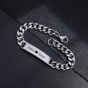 Stainless Steel Silver Bracelet for Men, Custom Cuff Anniversary Name Date Engraved Bracelet, Personalized Engraved Bracelet Christmas Gifts