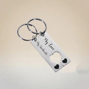 Engraved Heart Keychain Set: Personalized Matching Keyrings, Couple Gift
