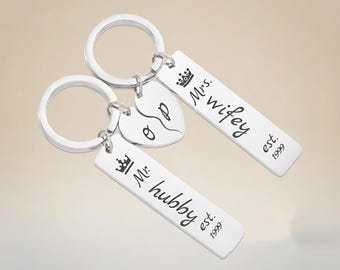 Custom Engraved Heart Couple Keychain Set: Wedding Date Keyring with Coordinates Anniversary Gift Engravable Date Keychain Gift for Him Her