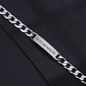 Engraved Roman Numeral Silver Bar Matching couple Coordinate bracelets,Wedding Date Bracelet,his and her bracelet, Boyfriend Valentine Gift