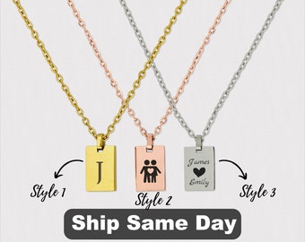Engraved Initial Tag Necklace: Stainless Steel Personalized Pendant