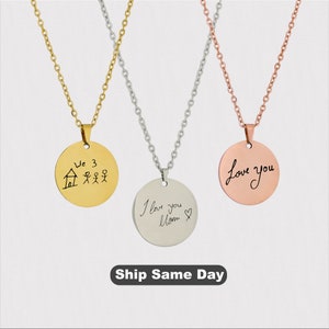 Engraved Actual Handwriting Necklace Custom Engraved Coin Pendant Disc, Personalized Name Necklace for Women,Autograph Pendant Birthday Gift