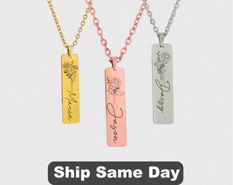 May include: Three personalized necklaces with floral designs and names "Maria", "Jason", and "Daisy" engraved on rectangular pendants. The necklaces are in gold, rose gold, and silver.