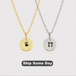 Custom Baby Hand and Footprint Necklace, Custom Name Engraved Coin Necklace Jewelry Charm Necklace, New Mom Gift with Mama Valentine Gift