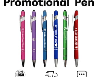 May include: Six laser engraved promotional pens in pink, purple, blue, dark blue, green, and red. Each pen features a silver clip, silver accents, and a stylus tip. The pens display various custom text and logos, including "BEST DAD EVER" and "GIFT FOR YOU, MY BOSS."