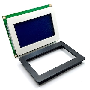 May include: A black plastic frame with a white border around a blue LCD screen. The screen is mounted on a green circuit board.