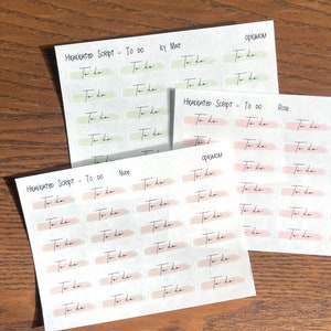 May include: Three sheets of stickers with the text "HIGHLIGHTED Script - To Do" and the words "Icy Mint", "Rose", and "Nude" printed on each sheet. The stickers are in three different colours: green, pink, and nude. Each sticker has the words "To do" written on it.