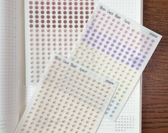 May include: Three sheets of translucent micro check mark stickers featuring rows of small circles with check marks. The sheets are labeled Micro Check Mark Neutral Brown, Pastel, and Apricot, with the brand name opigmom printed on each.