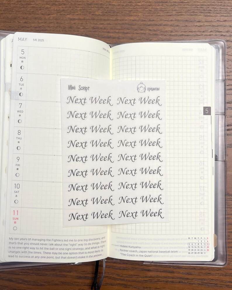 May include: A close-up of a page in a planner with the words "Next Week" repeated multiple times in a handwritten script. The page is dated May 5th, 2025.