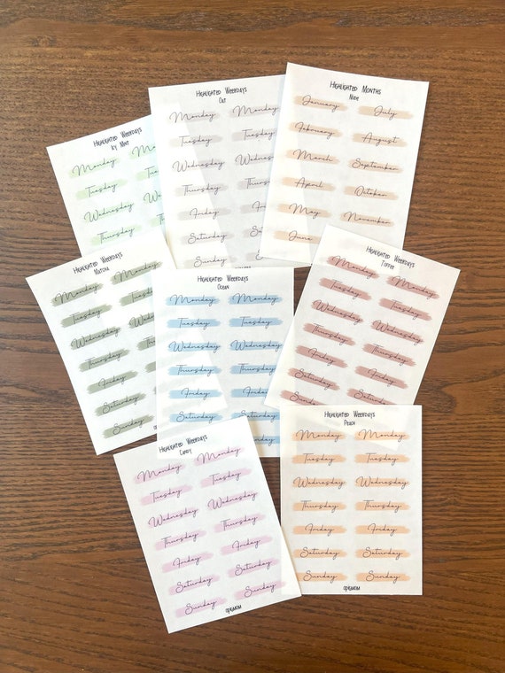 Highlighted WEEKDAYS | Days of week | Calendar Stickers | Planner stickers, Bullet Journal stickers, Minimal Stickers, script