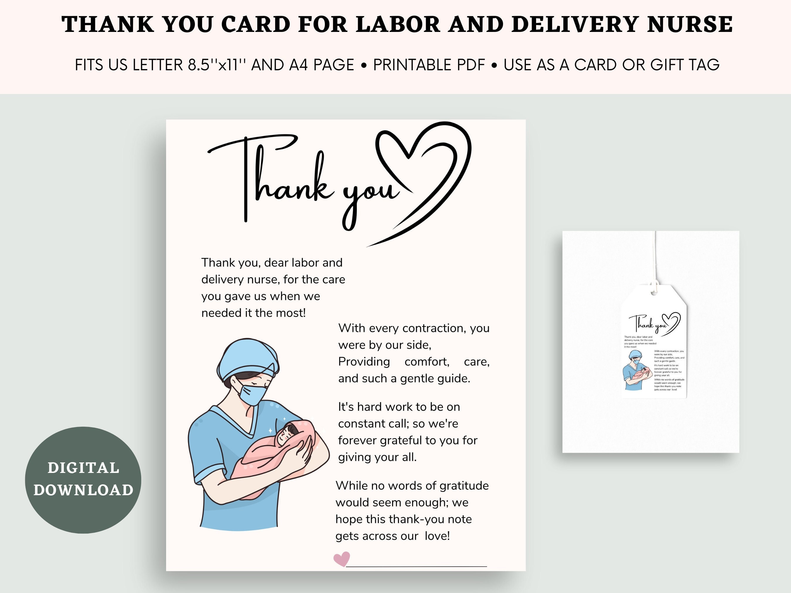 Printable Thank You Note For Labor And Delivery Nurse | Printable Thank You Gift Tag For Labor And Delivery Nurse | L&D Nurse Thank You Card