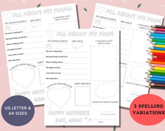 All About My Mom Printable Fill In The Blanks Questionnaire For Mother's Day Personalized DIY Gift For Mommy Interview Card Coloring Page