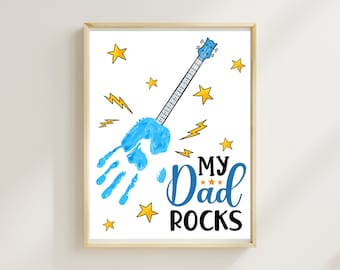 My Dad Rocks Guitar Handprint Craft For Father&#39;s Day, Child Handprint Art Printable Birthday Card For Dad, Dad Gift From Son Daughter, PDF