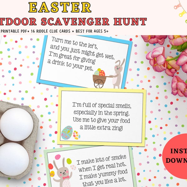 Outdoor Easter Scavenger Hunt, Easter Treasure Hunt For Kids, Easter Game For Kids, Printable Easter Scavenger Hunt Riddle Clue Cards