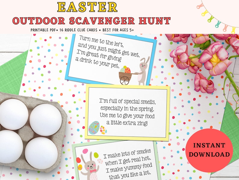 Outdoor Easter Scavenger Hunt, Easter Treasure Hunt For Kids, Easter Game For Kids, Printable Easter Scavenger Hunt Riddle Clue Cards image 1