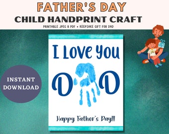 Puede incluir: Tarjeta del Día del Padre imprimible con una huella de mano azul en el centro, rodeada de las palabras "Te amo papá" y "¡Feliz Día del Padre!!!".
