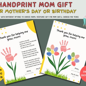 Flower Handprint Gift From Kids Printable Fingerprint Gift For Mom Mother's Day Handprint Gift DIY Handprint Mother's Day Gift image 1