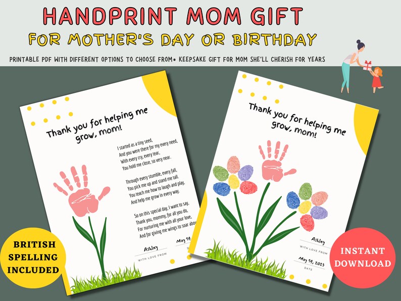 Flower Handprint Gift From Kids Printable Fingerprint Gift For Mom Mother's Day Handprint Gift DIY Handprint Mother's Day Gift image 1