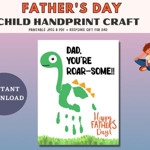 Dinosaur Handprint For Father&#39;s Day, Roarsome Art Keepsake Gift For Dad, Printable DIY Kids Craft Card, Baby Toddler Handprint Keepsake