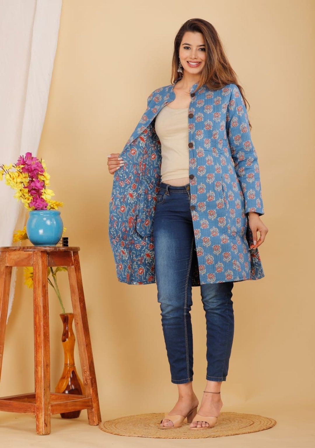 Floral Cotton Coat Loose Print Warm Jacket