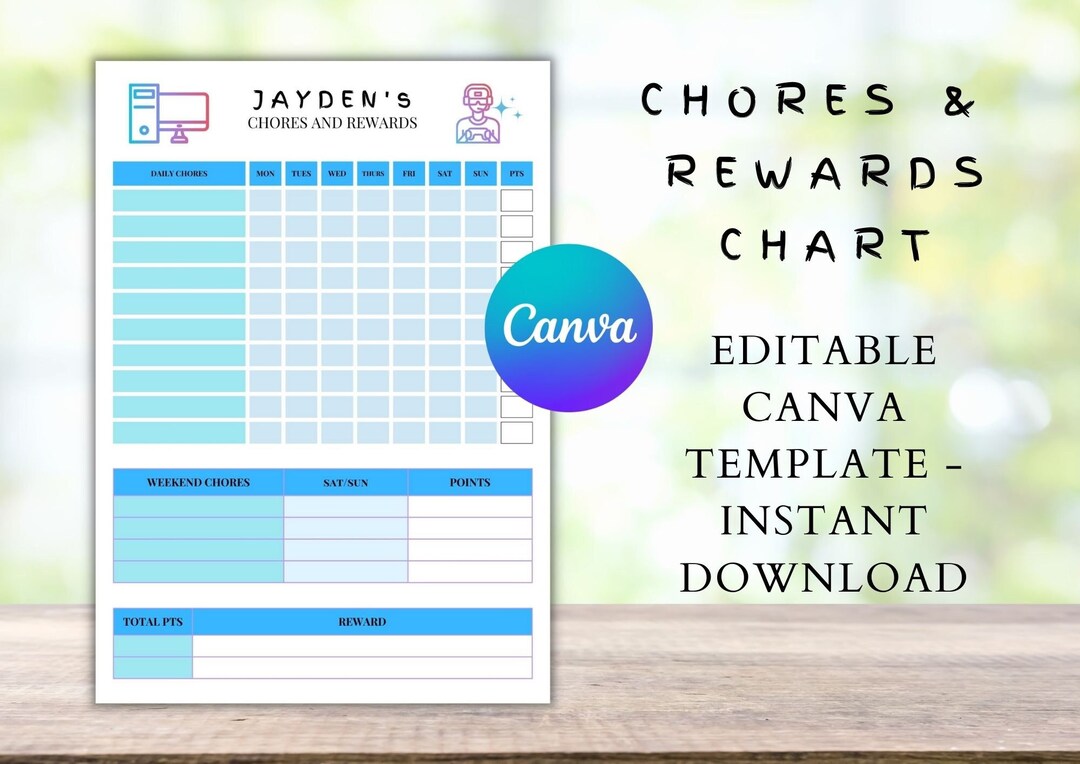 Chore Chart Canva Template Chores and Rewards Printable Etsy