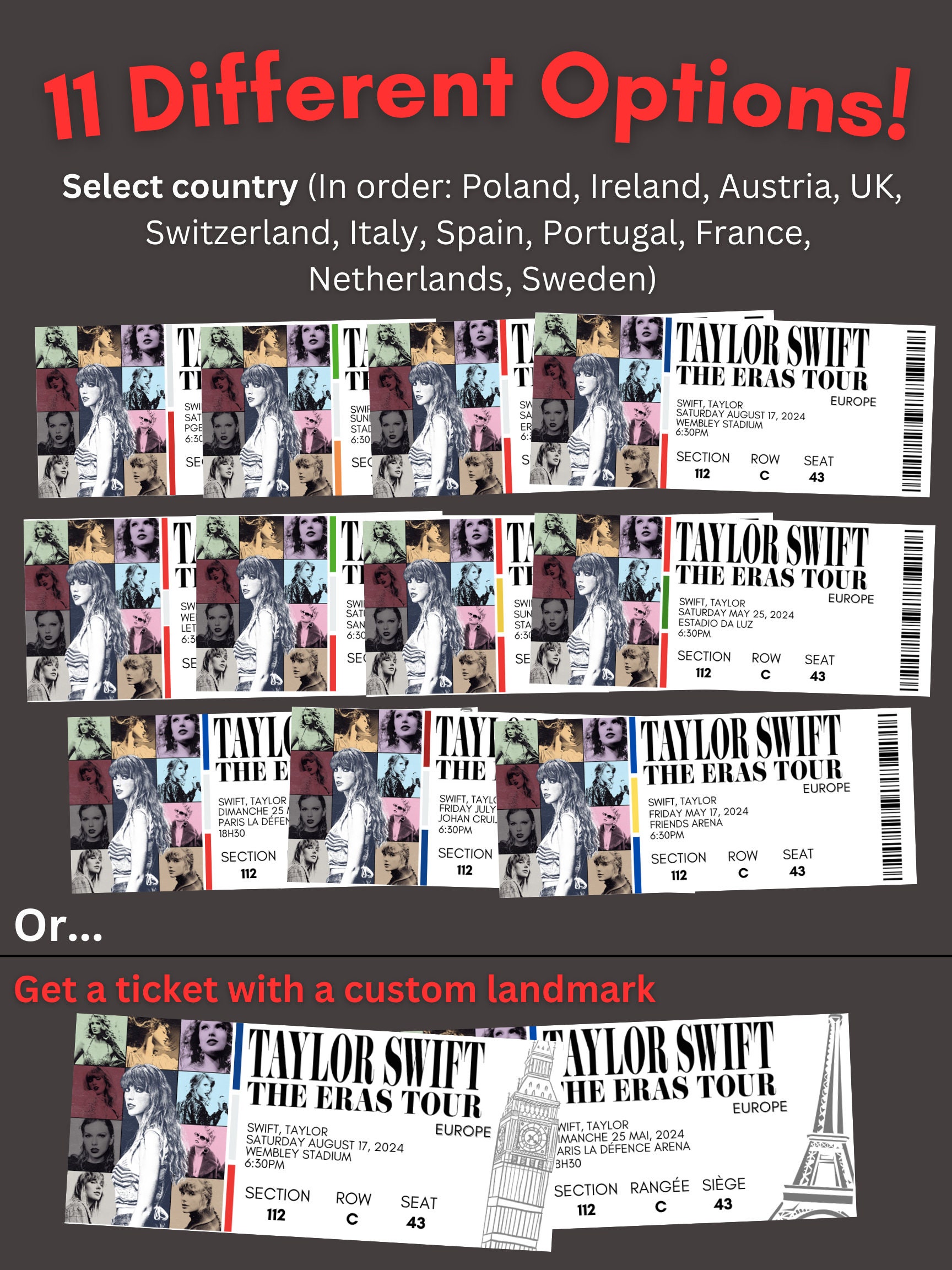 Taylor Swift EUROPE 2024 Eras Tour Tickets. Custom Tickets. Etsy Canada