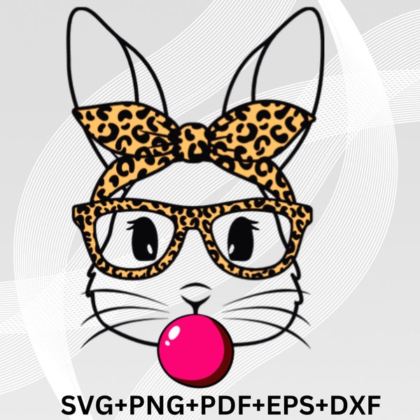 Cute bunny with leopard bandana and glasses svg, Leopard print png, Easter bunny Christian svg, Bunny With Bubblegum PNG, Rabbit Bandana Svg