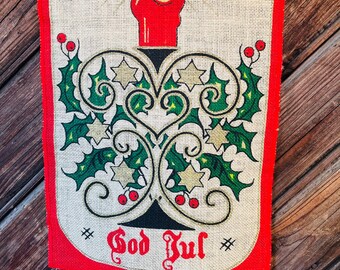 Christmas Season Vintage Norwegian God Jul Christmas Table Runner Rough Canvas and Color Print Textile Table Runner 24.5 cm x 75 cm