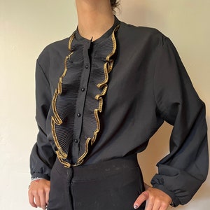 Finnish Vintage Black Blouse S/M Size Party or Office Wear Romantic Retro Fashion No need to iron Ruffled