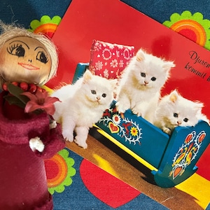 Conjunto de presente sueco vintage boneca folk arte tradicional pequeno tamanho mesa centro peça gatinhos cartão postal bonito retro