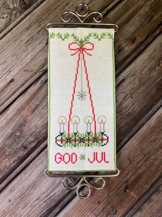 Swedish Vintage Textile Wall Hanging God Jul Merry Christmas Swedish Vintage Textile Wall Hanging God Jul Merry Christmas