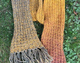 Vintage Scarf Handcrafted Warm Wool Mustard Brown Moss Green Ombre Colors Hand knitted