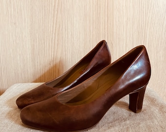 EUR 36 ECCO Danish Vintage Pumps Brown Genuine Learther Excellent Condition 6 cm High Heels Scandinavian Design Quality