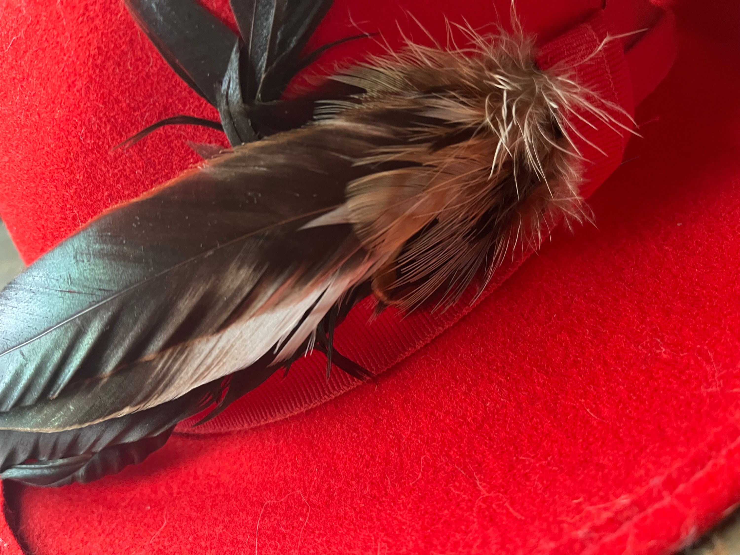Red Felted Wool Fedora Hat With Feather – Vintage Wide Brim  display picture 1