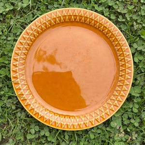 Puede incluir: Un plato redondo de cerámica con un acabado brillante marrón anaranjado. El borde presenta un patrón triangular repetitivo en un tono naranja más claro. El plato está sobre hierba verde.