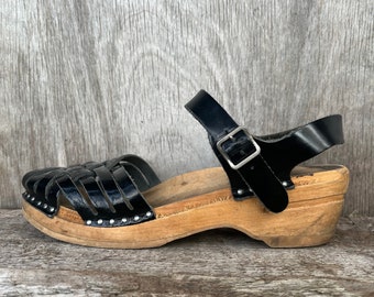 EUR 36 Swedish Wooden and Genuine Leather Summer Shoes Vintage Footwear Made in Sweden Black Troentrops Toffelfabrik