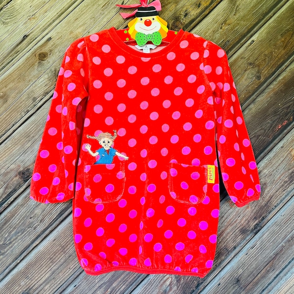 1-2 Jahre Pippi Langstrumpf Kleid 86 -92 cm - 104 Åhléns Baumwolltrikot Jersey Vintage Schweden Astrid Lindgren Skandinavisches Design Rot Rosa