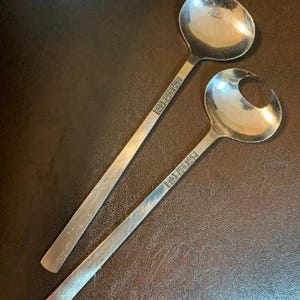 Vintage Stainless Steel MCM Salad Fork and Spoon Engraved Flower Motif Set 1970s Dinnerware Home and Living Stylish Kitchen Large Spoons