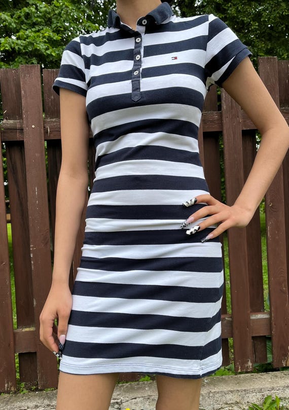 tommy hilfiger dress black and white Tommy Hilfiger Black/Cream Logo Midi Dress UK 8