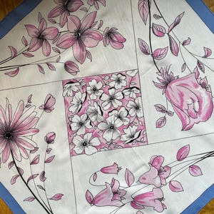 Italian Vintage Floral Pattern Pink Gray Blue White Scarf Bandana Small Size Retro Accessory Romantic Fashion Gift Classical Style Italy