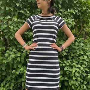 Swedish Vintage Åhléns S Size Cotton Tricot Jersey Summer Dress Black and White Stripes