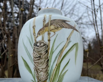 1966年 ポルスグルンド ノルウェー 花瓶 手描きの鳥 竹モチーフ コレクターズアイテム ディスプレイ ヴィンテージ ホームデコレーション ノルウェー スカンジナビアデザイン