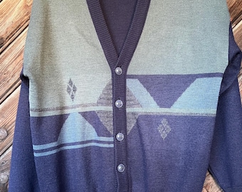 90s Wool Blend Vintage men's Cardigan Denmark Scandinavian Blue Green Grey Classical Style Scandinavian