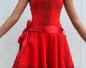 S size Bright Red Party Dress Vintage Size Cotton Summer retro fashion Cool Party Look