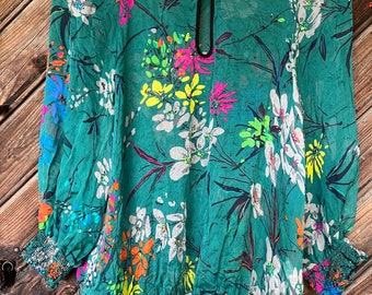 Vintage ZARA Mezcla de Seda L / XL tamaño Blusa Verde Azul Púrpura Moda Europea Boho Fiesta Estilo Traje